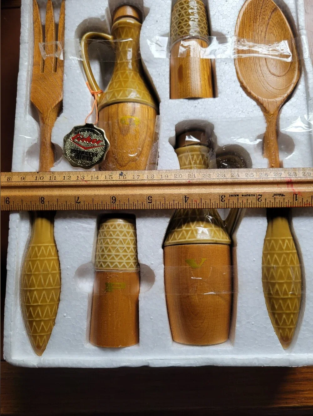 Vtg House of Fisher 6pc Salad Condiment Set MCM Wood Ceramic Japan In Styrofoam